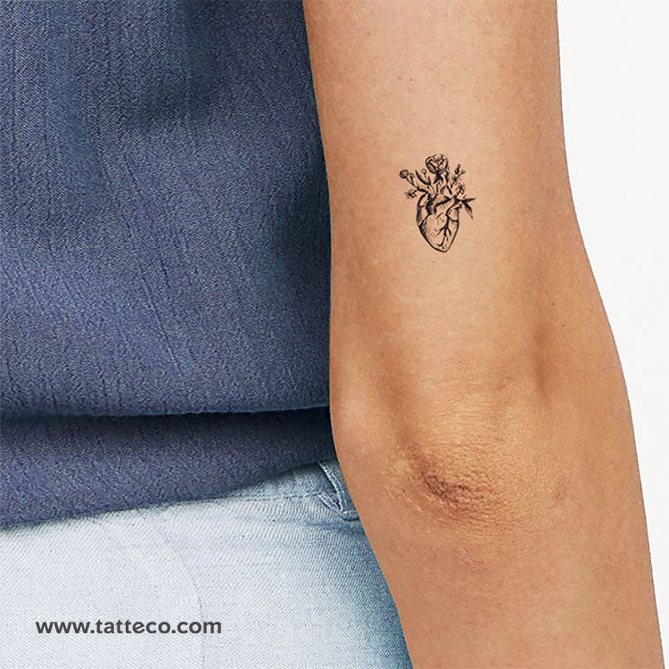 Anatomical Heart With Flowers Temporary Tattoo - Set of 3