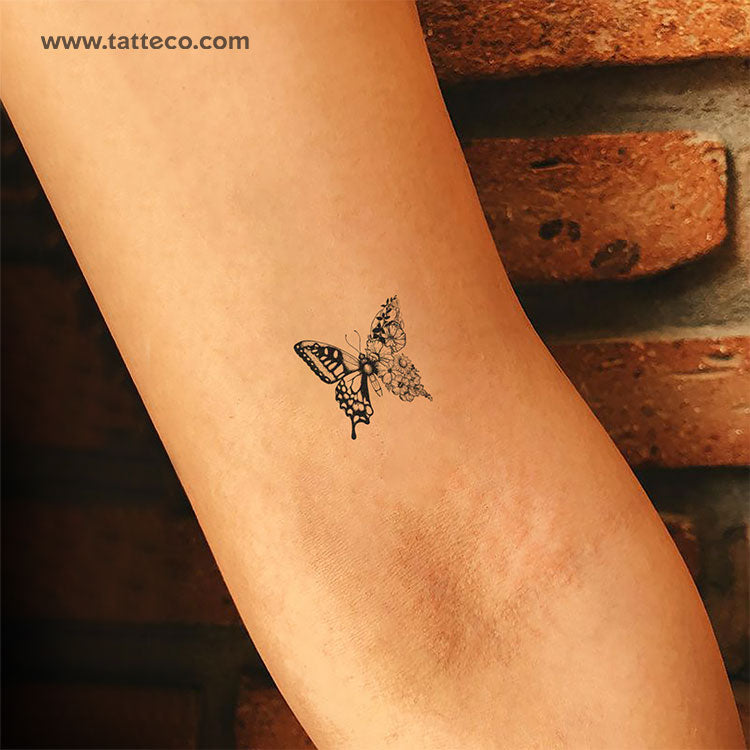 Small Half Flower Half Butterfly Temporary Tattoo - Set of 3