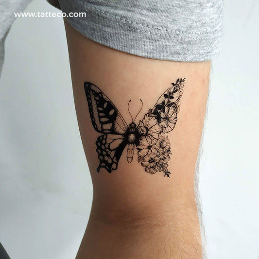 Tatuaje temporal mitad mariposa mitad flor - Juego de 3