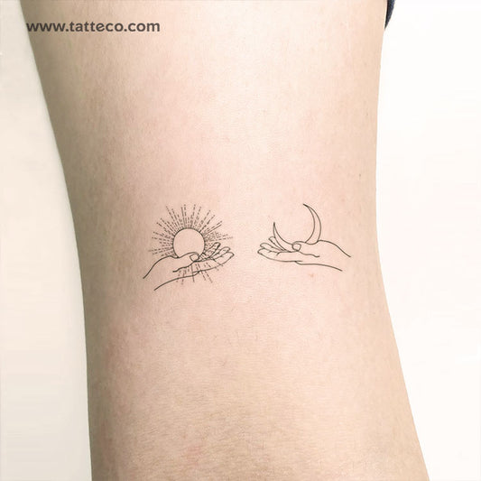 Tatuaje temporal de mano sosteniendo el sol y la luna (juego de 3)