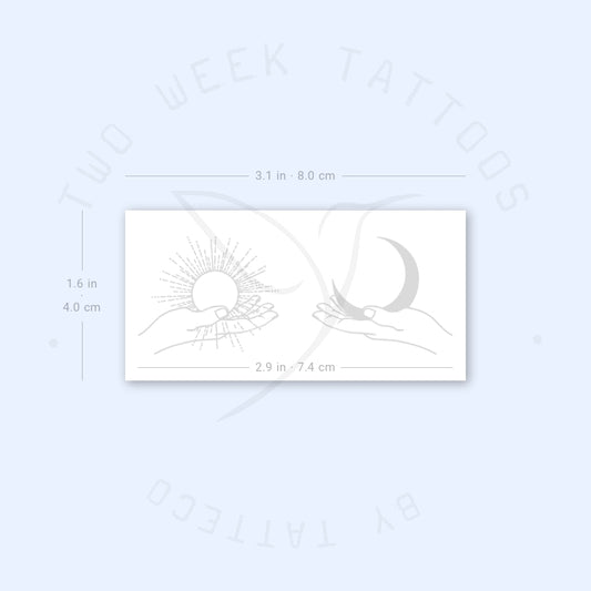 Tatuaje semipermanente de manos sosteniendo la luna y el sol (juego de 2)
