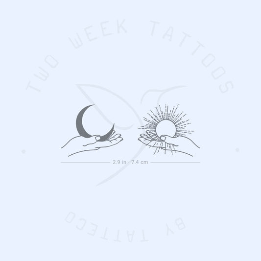 Tatuaje semipermanente de manos sosteniendo la luna y el sol (juego de 2)