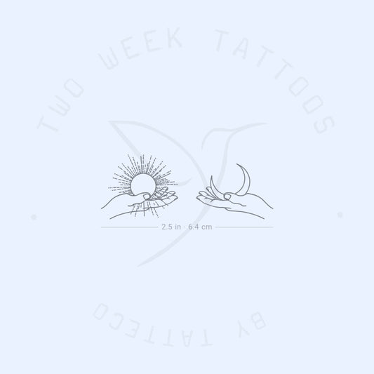 Tatuaje semipermanente de mano sosteniendo el sol y la luna (juego de 2)