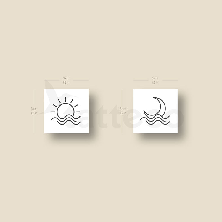 Matching Sea Sunset And Moonset Temporary Tattoos - Set of 3+3