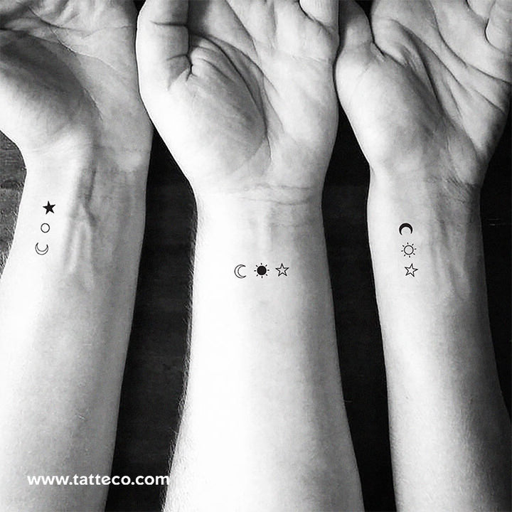 Matching sun moon and star temporary friendship tattoos