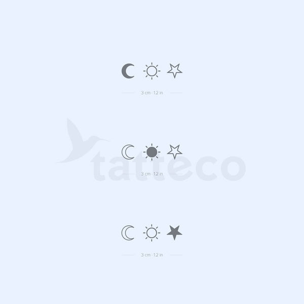 Matching Sun, Moon And Star Semi-Permanent Tattoo - Set of 3x2