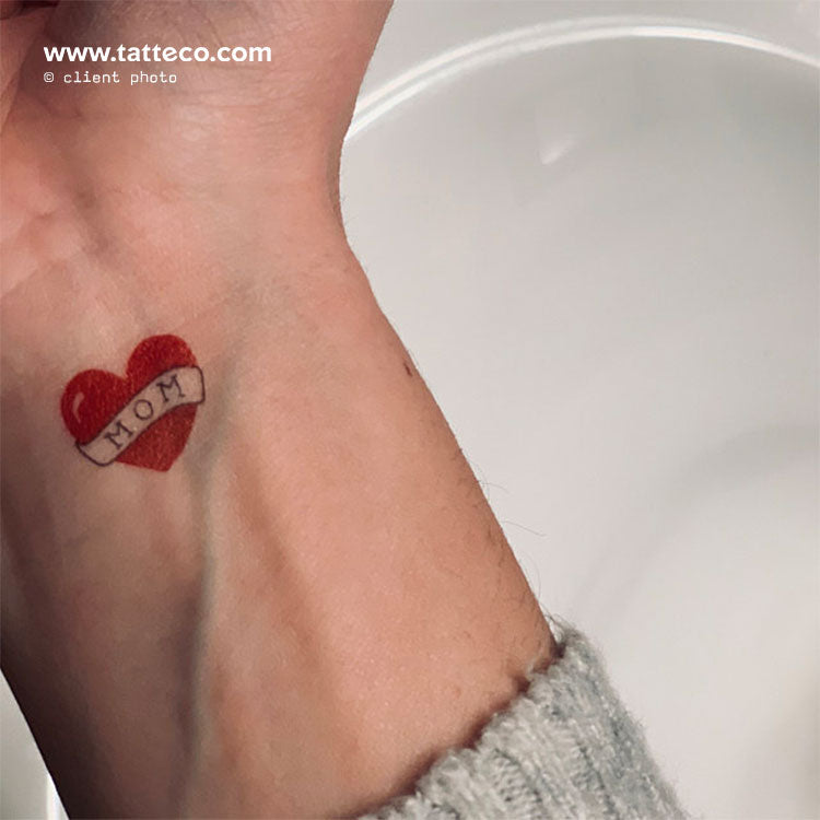 Small Heart with Mom Banner Temporary Tattoo - Set of 3