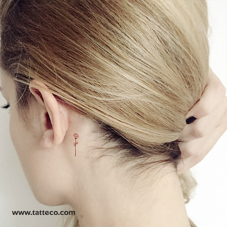 Small Fine Line Red Rose Temporary Tattoo